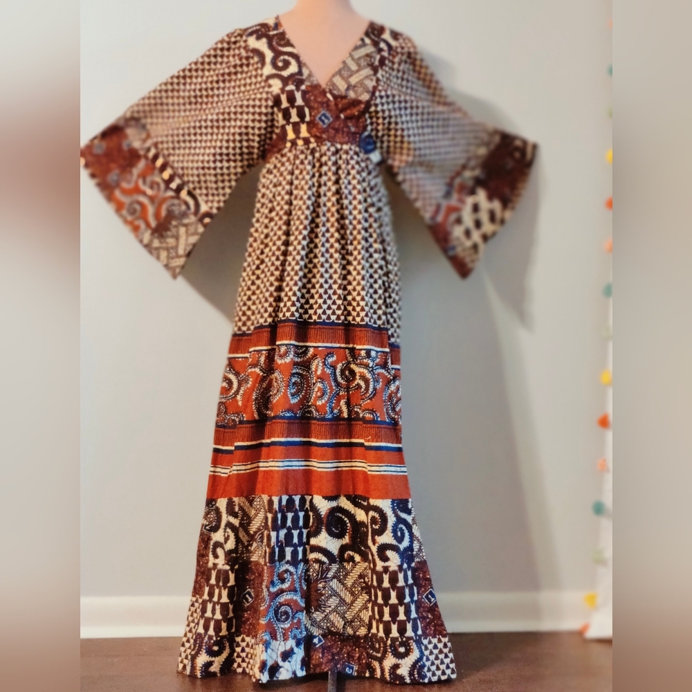 Indian block print Maxi Dress Butterfly Sleeves 70s Vintage natural cotton SM - Picture 3 of 15